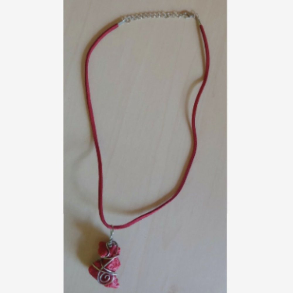 Red Coral Silver Wire Wrapped Pendant Necklace